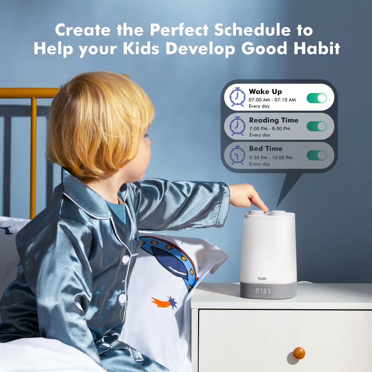 Evaife Baby Sound Machine, Nursery Night Light for Kids, Alarm Clock, White Noise Machine for Sleeping, OK to Wake Clock for Toddlers, APP Control, Fan Rain Wave, Sleep Trainer