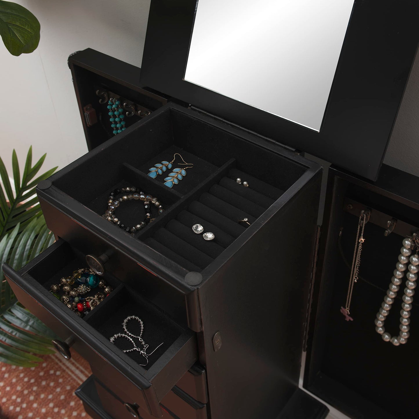 Powell Ebony Jewelry Armoire, Distressed Ebony Black; Black Lining