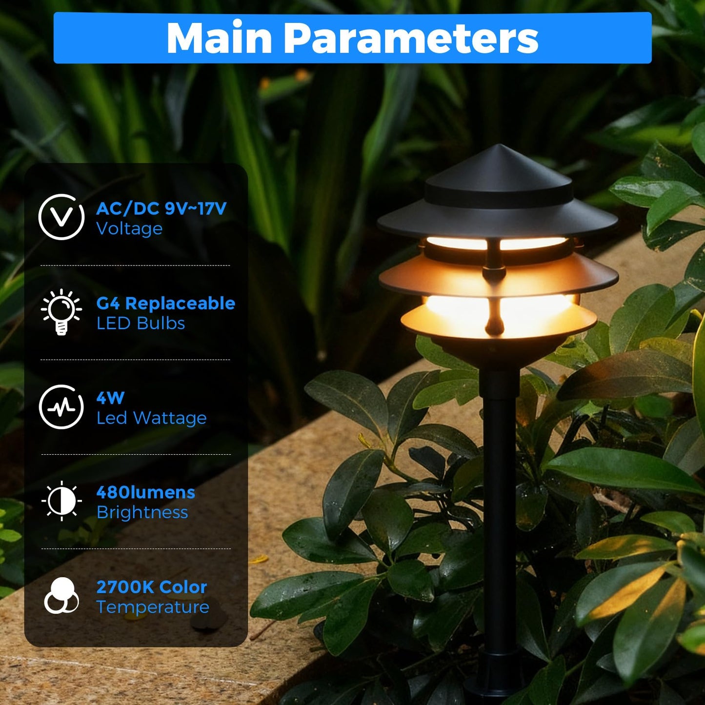 Gardencoin Pagoda Low Voltage Landscape Pathway Lights  12V Outdoor Led Path Lights Wired  Aluminum Walkway Lighting With 4W 2700K Replaceable G4 Bulb  Classic 3-Tier Lantern  6 Pack