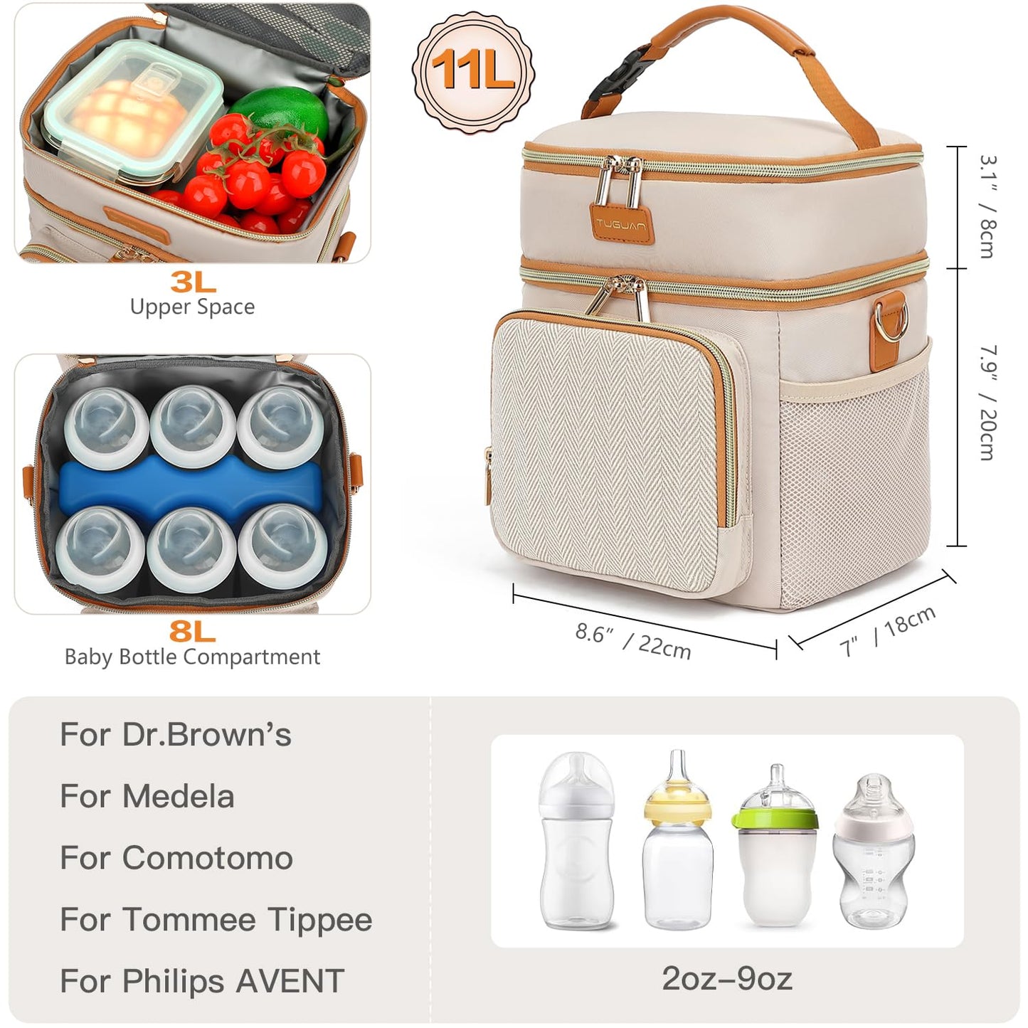 Double Layer Breastmilk Cooler Bag with Ice Pack Insulated Travel Bag for Baby Bottle Breast Milk Storage & Feeding Fits 6 Bottles Up to 9 Ounces Portable Leakproof Bottle Bag for Travel Daycare Beige