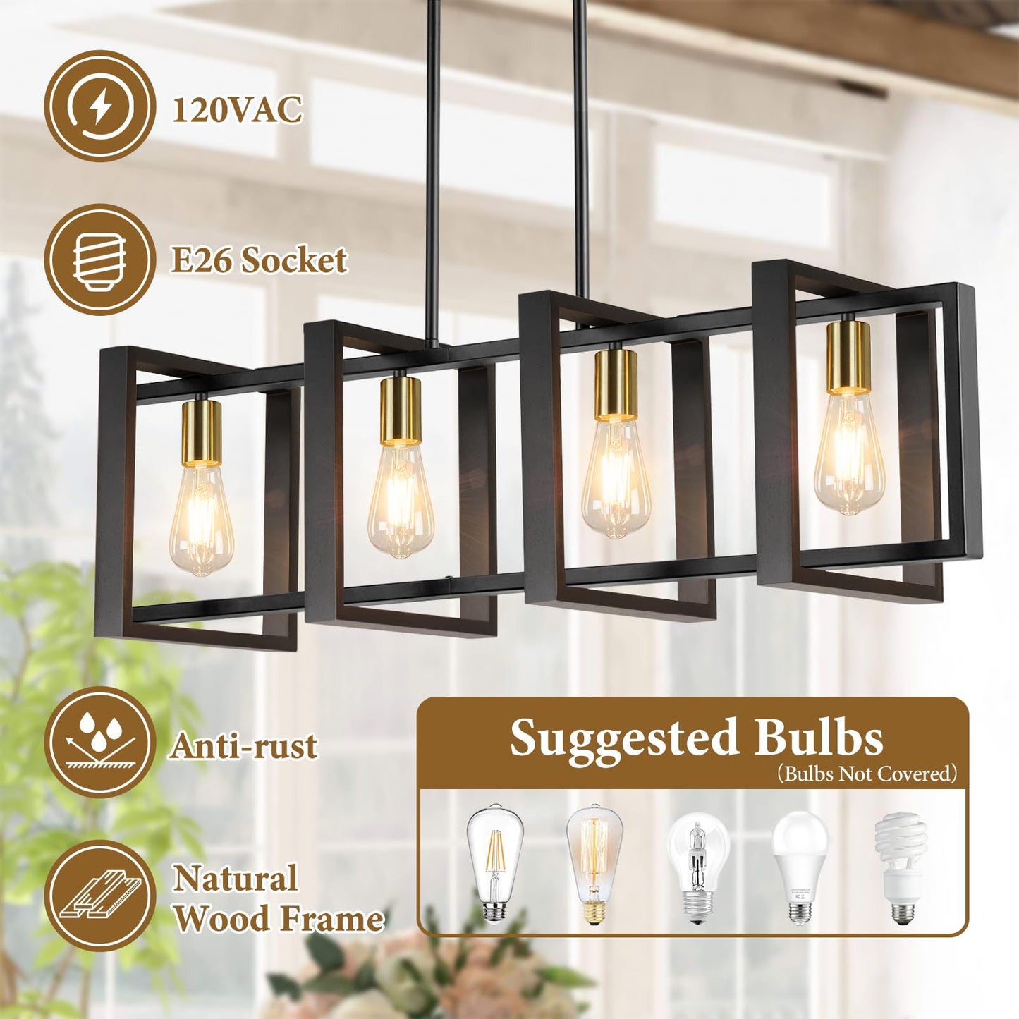 Brightever 4-Light Wood Chandelier, Modern Black Gold Pendant Light Fixture, 53? for Dining Room, E26 Sockets