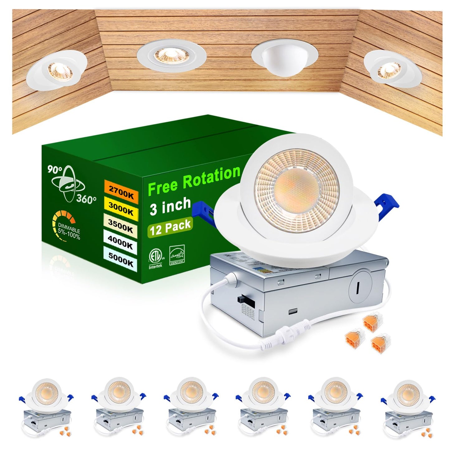 Zouzai 3 Inch 5Cct Gimbal Led Recessed Lighting With Junction Box  2700K/3000K/3500K/4000K/5000K Selectable  7W Eqv 80W  360+90 Adjustable Recessed Lights  800Lm Brightness - Etl (White  6 Pack)