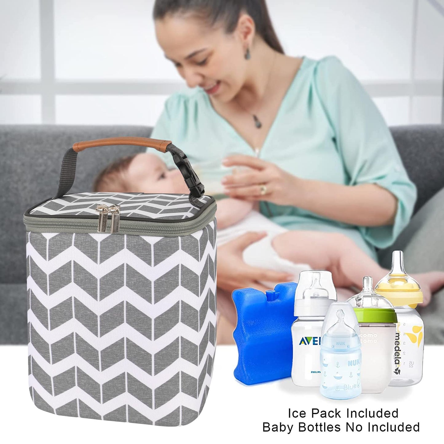 BABEYER BreastMilk Cooler Bag with Ice Pack Fits 4 Baby Bottles Up to 9 Ounce, Large Baby Bottle Bag Fits for Nursing Mom Daycare