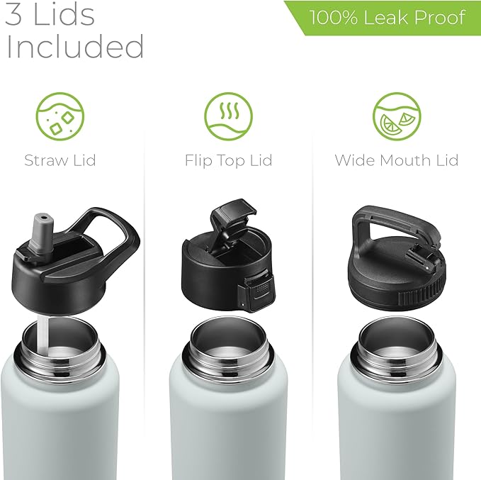 SipX™ Triple-Insulated Stainless Steel Water Bottle 40oz. With 3 Lids, BPA-Free Reusable Insulated Water Bottle Keeps Cold 24 Hours, Metal Water Bottle Made Of Sustainable Material For Hiking & Biking