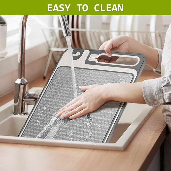 3-in-1 Stainless Steel Cutting Board for Kitchen, Double Sided,Non Toxic Cutting Board,Scratch-Resistant Mesh Design with Juice Groove,Easy Clean,Wheat Straw PP Large Chopping Board (15''*10'')