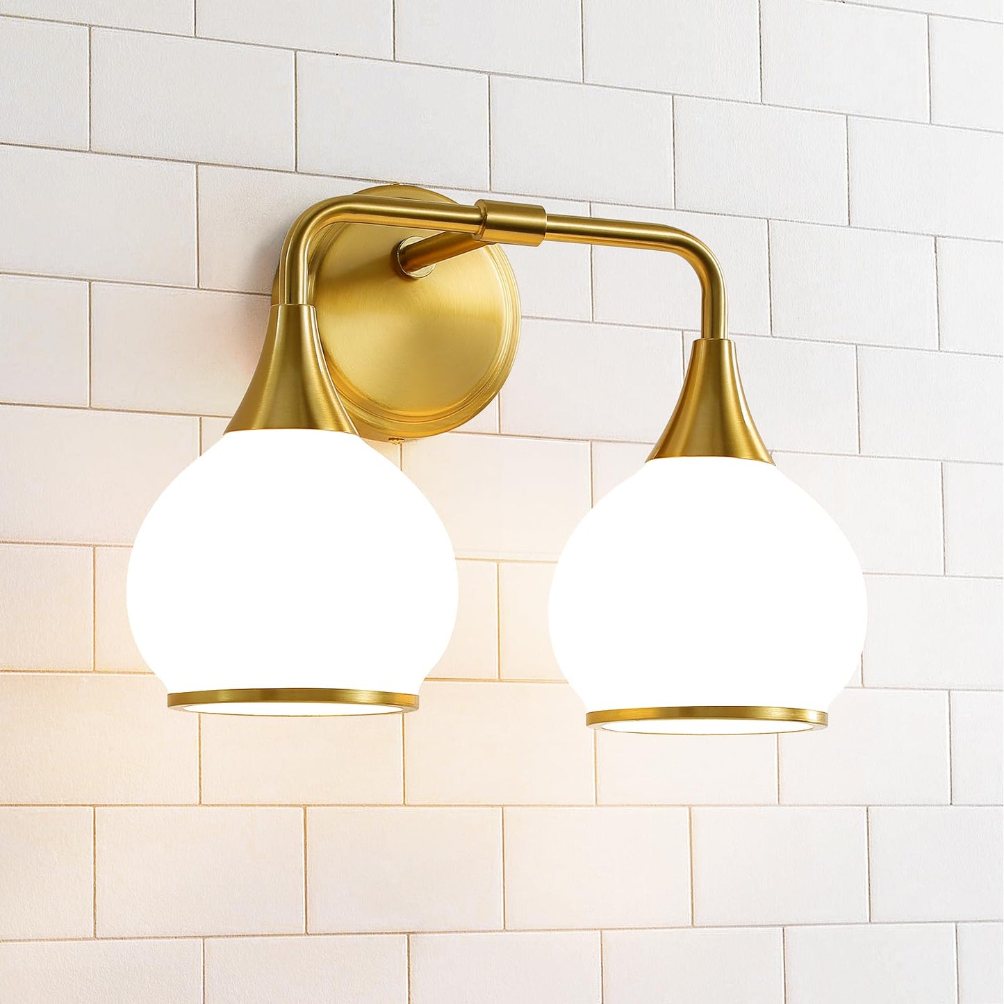 Hahzt Brushed Gold Bathroom Light Fixture, 2-Light Vanity Sconce, Milky White Frosted Glass Shade, Model 8033Ml