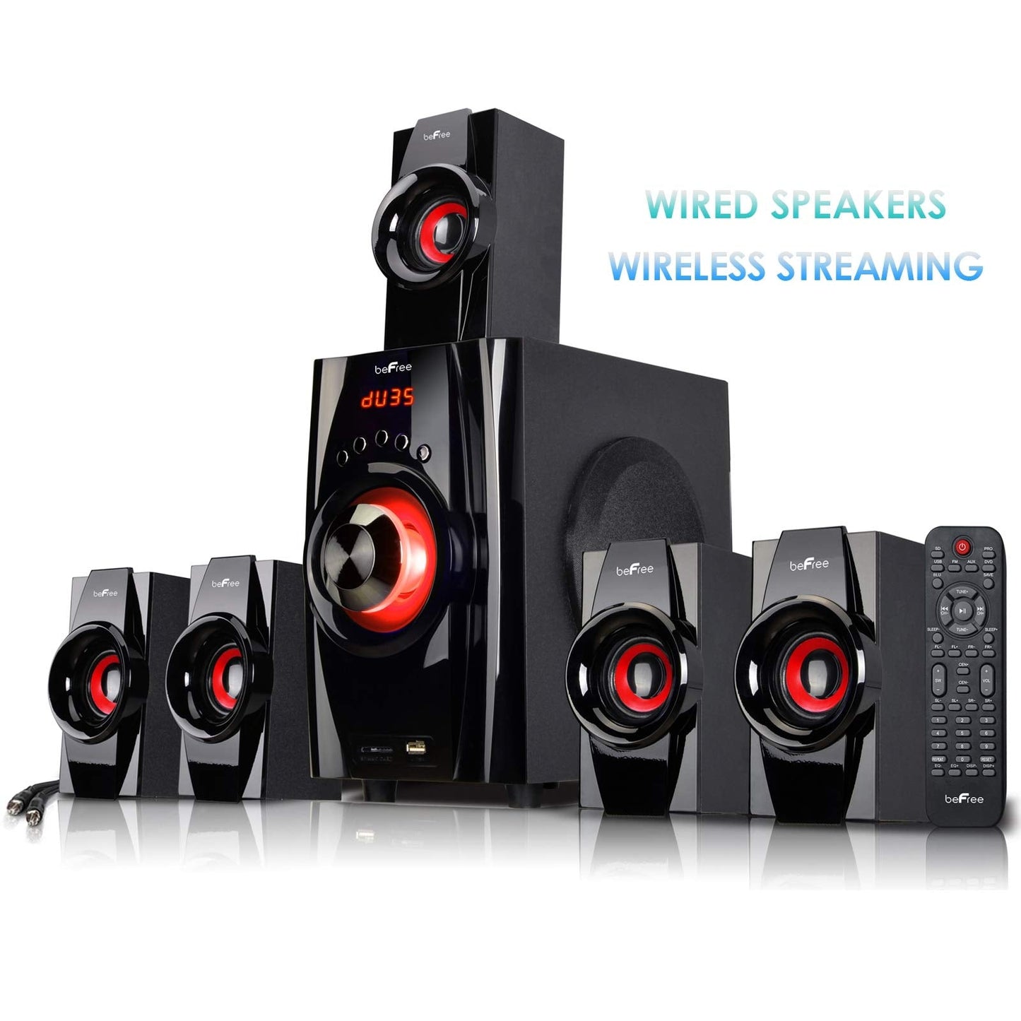 Be Free Sound 5.1 Channel Surround Sound Bluetooth Speaker System In Red With Remote Control, Fm Radio, 4 Amplifier, 2.5 Speaker