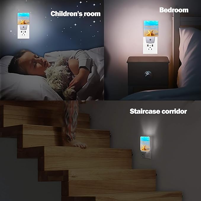 Yellow Starfish on Beach Night Light, Dusk to Dawn Smart Sensor Nightlight for Bedroom Bathroom Kitchen Hallway Stairs Hallway, Plug-in, Energy Efficient Decor Desk Lamp Gifts
