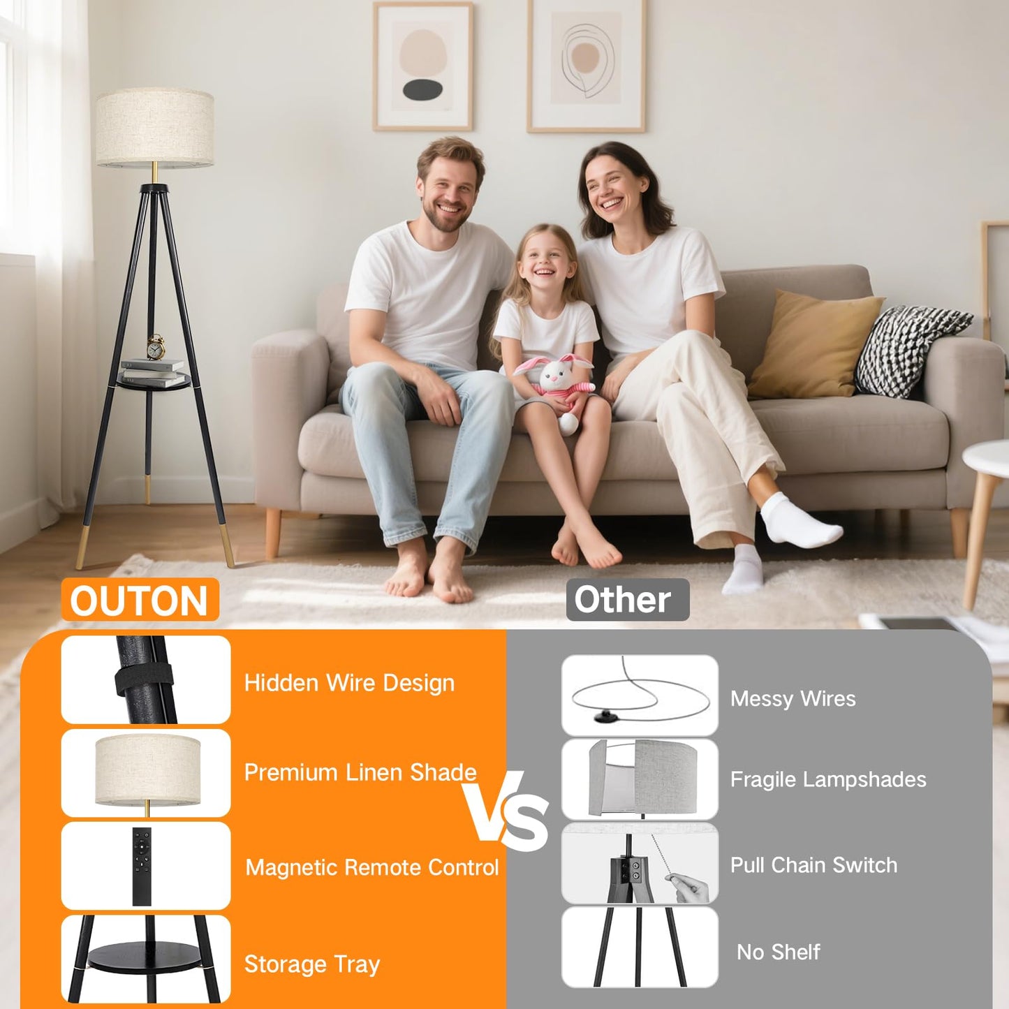 OUTON Wood Tripod Floor Lamp with Remote Control, Dimmable LED, 4 Color Temperatures, Black & Gold