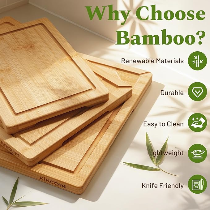 Kikcoin Bamboo Cutting Board for Kitchen, 3 Piece Wood Cutting Boards Set with Stand and Non-slip Feet, Knife Friendly Chopping-Board with Juice Grooves, Lightweight Serving Tray with Built-in Handles