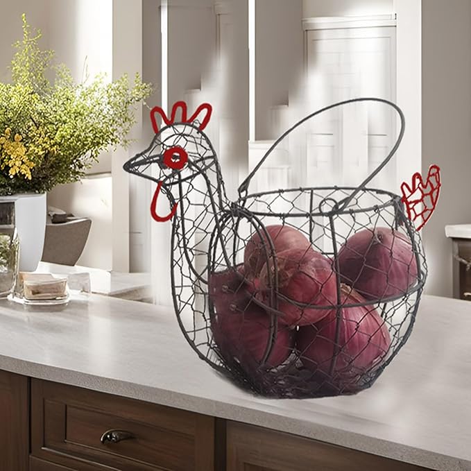 TAIANLE. Chicken Wire Egg Basket for Gathering Fresh Eggs Collecting Basket with Handle, Vintage Rooster Chicken Shaped Fruit Bowl for Home Farm Decor Organizer for Kitchen Countertop