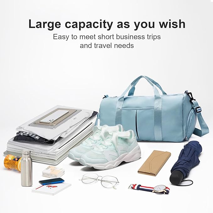 ZGWJ Sports Gym Bag with Wet Pocket & Shoes Compartment, Waterproof Shoulder Weekender Bag for Women and Men Swim Sports Travel Gym Bag Lightweight and easy Carry on Light Blue