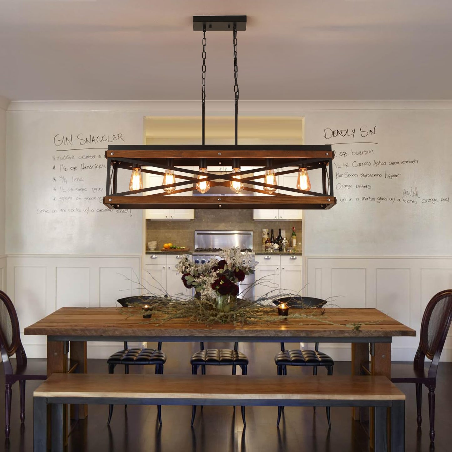Rustic Farmhouse Wood Kitchen Island Lighting  6 Lights Rectangular Pendant Light Fixture  Adjustable Chain Oak Wood And Metal Linear Chandelier For Dining Room Kitchen Island Farmhouse  Black