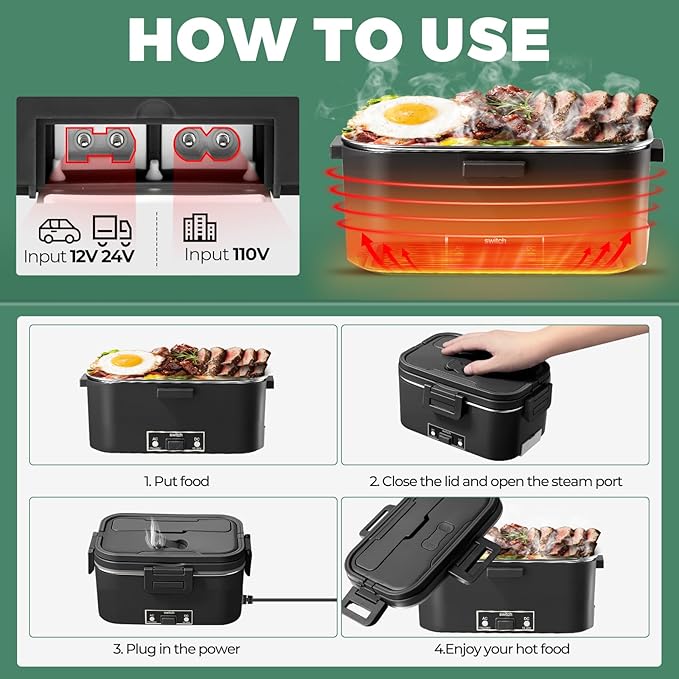 Electric Lunch Box for Adults 1.8L-80W Heated Lunch Box Food Warmer, ON/OFF Power Switch 12/24V/110V,Car, Truck, Work, Travel(Black) 1.8L Portable Fast Heating lunch box for men，