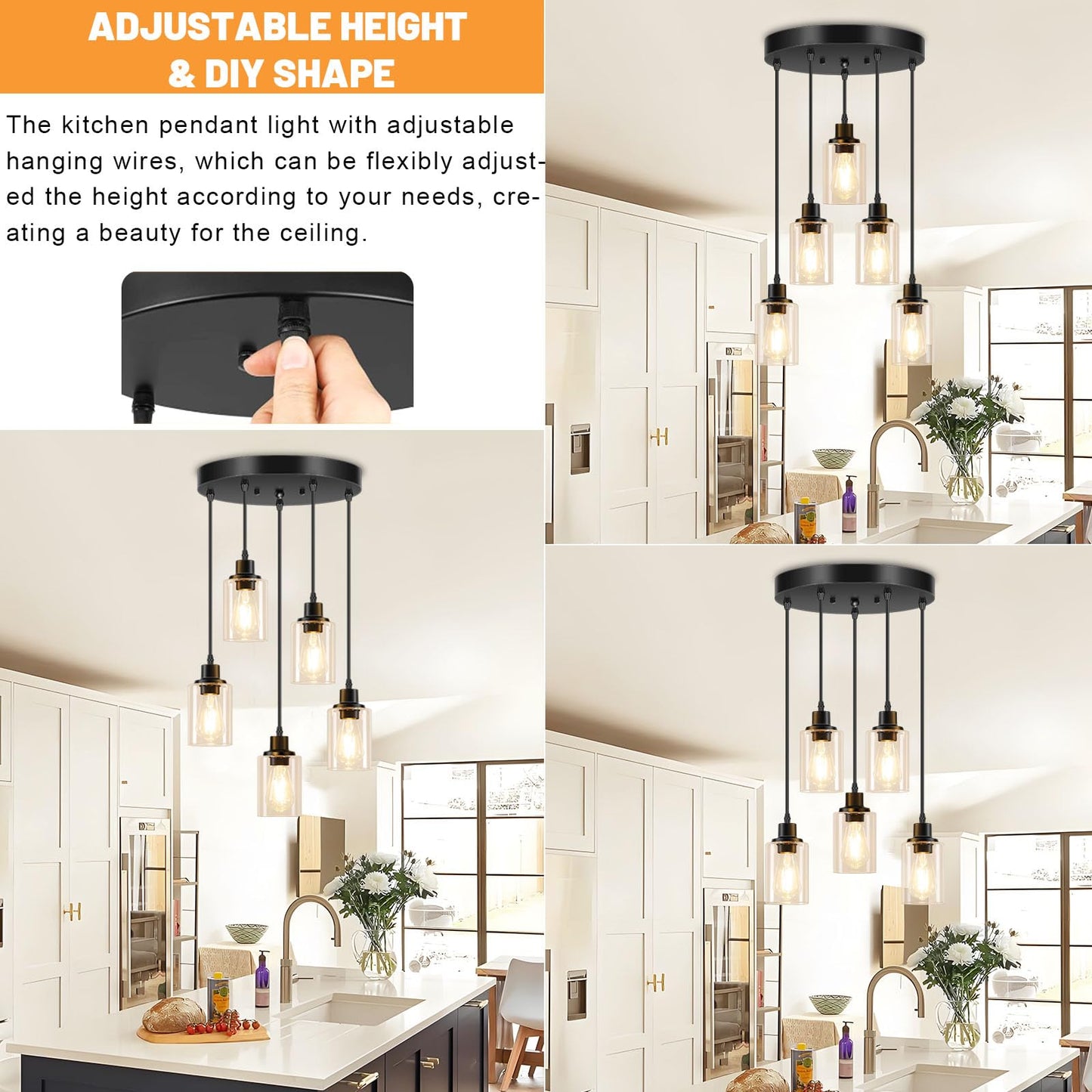Licperron 5-Light Pendant Light Fixtures With Clear Glass Shades  Black Adjustable Kitchen Island Hanging Ceiling Light Fixtures  Modern Pendant Lighting E26 Base For Dining Room  Hallway  Living Room