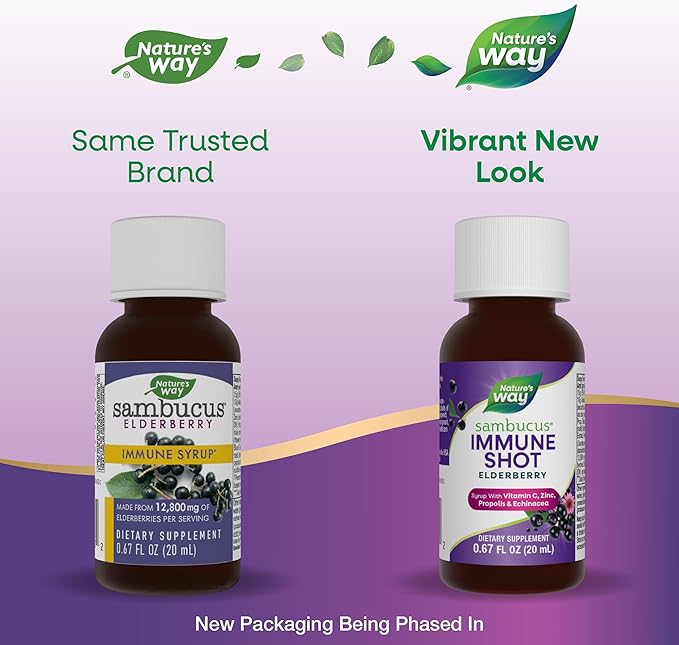 Nature's Way Sambucus Immune Syrup Single Shot, Daily Immune Support*, Elderberry, Vitamin C, Zinc, 0.67 Fl Oz x 12 (Packaging May Vary)