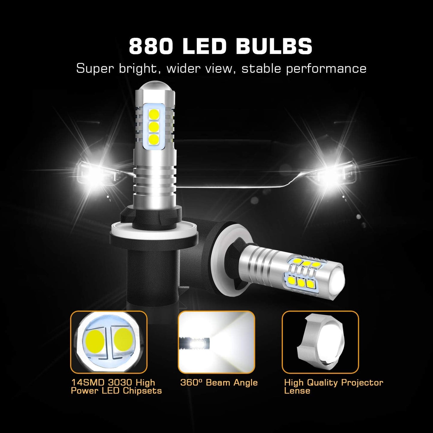 BRISHINE 880 899 LED Fog Light Bulbs, 6000K Xenon White, Projector Design, Aluminum, Pack of 2