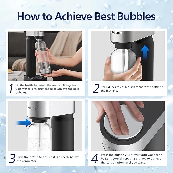 Philips Soda Streaming Machine, Stainless Sparkling Water Maker Easy Install with Quick Twist 1L PET Carbonating Bottle, Soda Maker Compatible with 60L CO2 Carbonator (NOT Included), ADD4902BKOQ/37