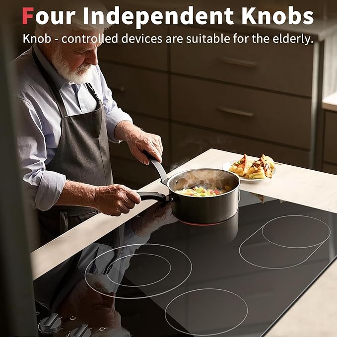 Noxton Electric Cooktop 30 Inch 4 Burners, Knob Control Ceramic Cooktop, 30" Radiant Electric Stove Top with Extended Zone, Hot Surface Indicator, 220-240v Hard Wire(No Plug)