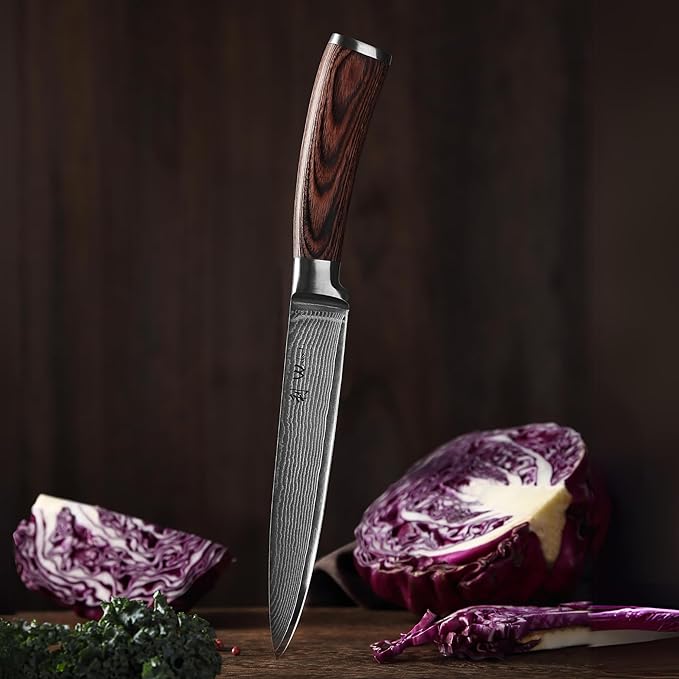 Wakoli EDIB Damascus Meat Knife – 7-Inch Japanese Style Kitchen Knife for Meat, BBQ & Roasts | Genuine 67-Layer Damascus Steel Blade with VG10 Core | Ergonomic Pakkawood Handle | Premium Knife