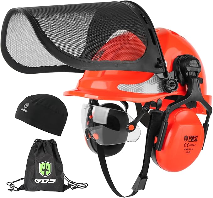 GREEN DEVIL Chainsaw Safety Protective Helmet Forestry Helmet with Build-in Visor Mesh Face Shield Ear Muffs 4 in 1 Ideal ...
