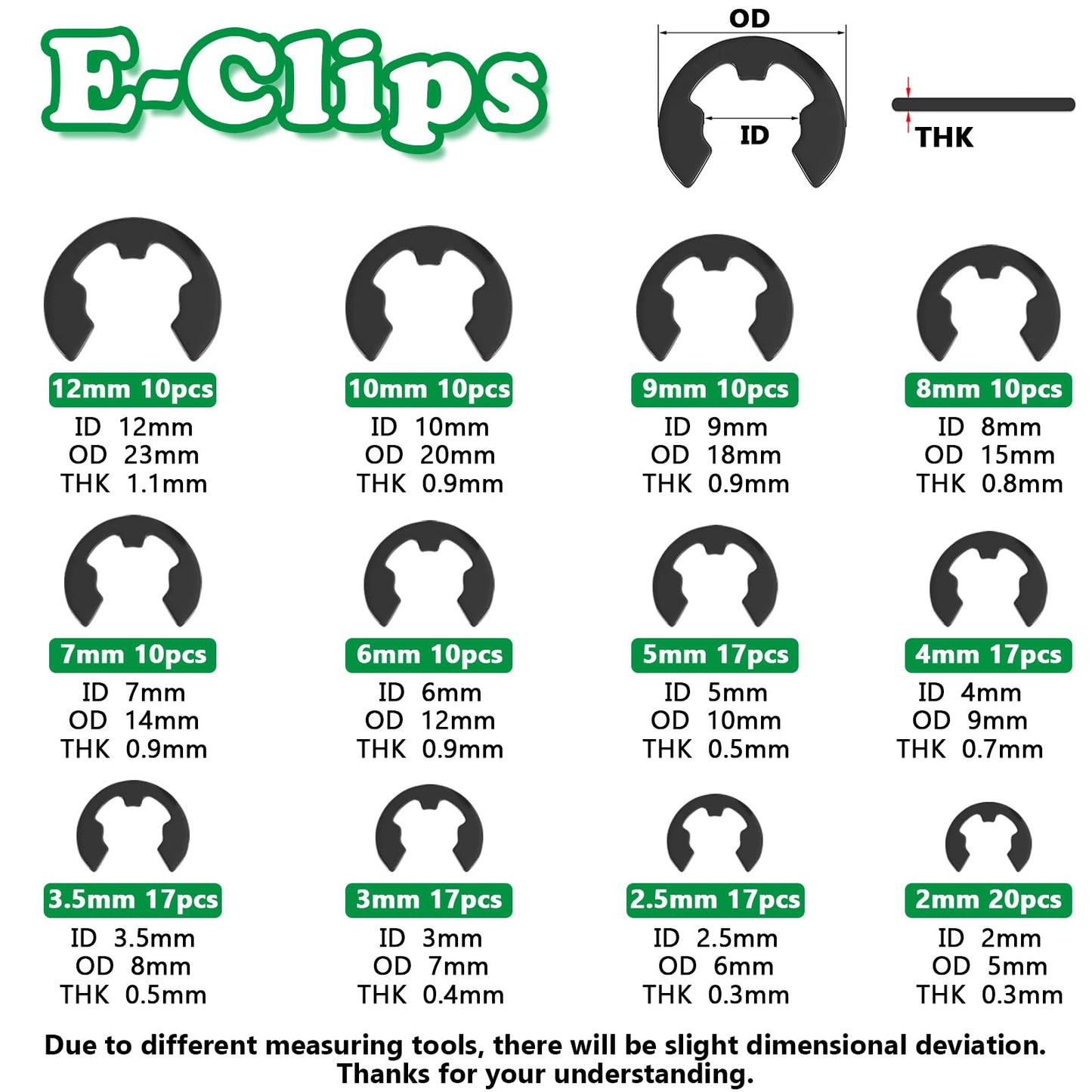 Aienxn 330PCS Snap Rings Assortment Kit, E Clips Assortment Kit (2MM-12MM) and C Clips Assortment Kit (5MM-16MM), 24 Sizes External Retaining Rings Carbon Steel Circlip Snap Ring Kit