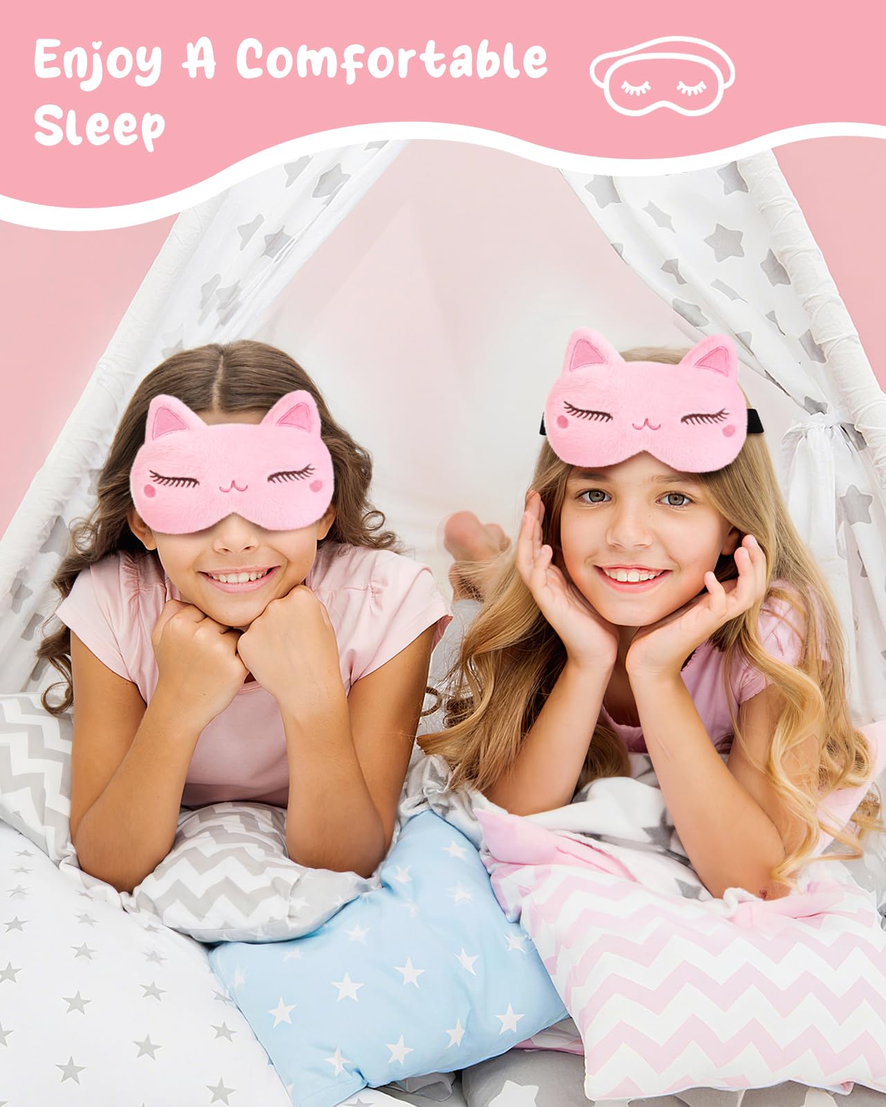 Miss Adola Sleep Mask for Kids - Valentines Gift for Kids Cute Plush Fuffy Sleeping Eye Cover Kawaii Soft Eyeshade Animal Eye Blindfold for Girls Boys Teens with Adjustable Strap, Cat