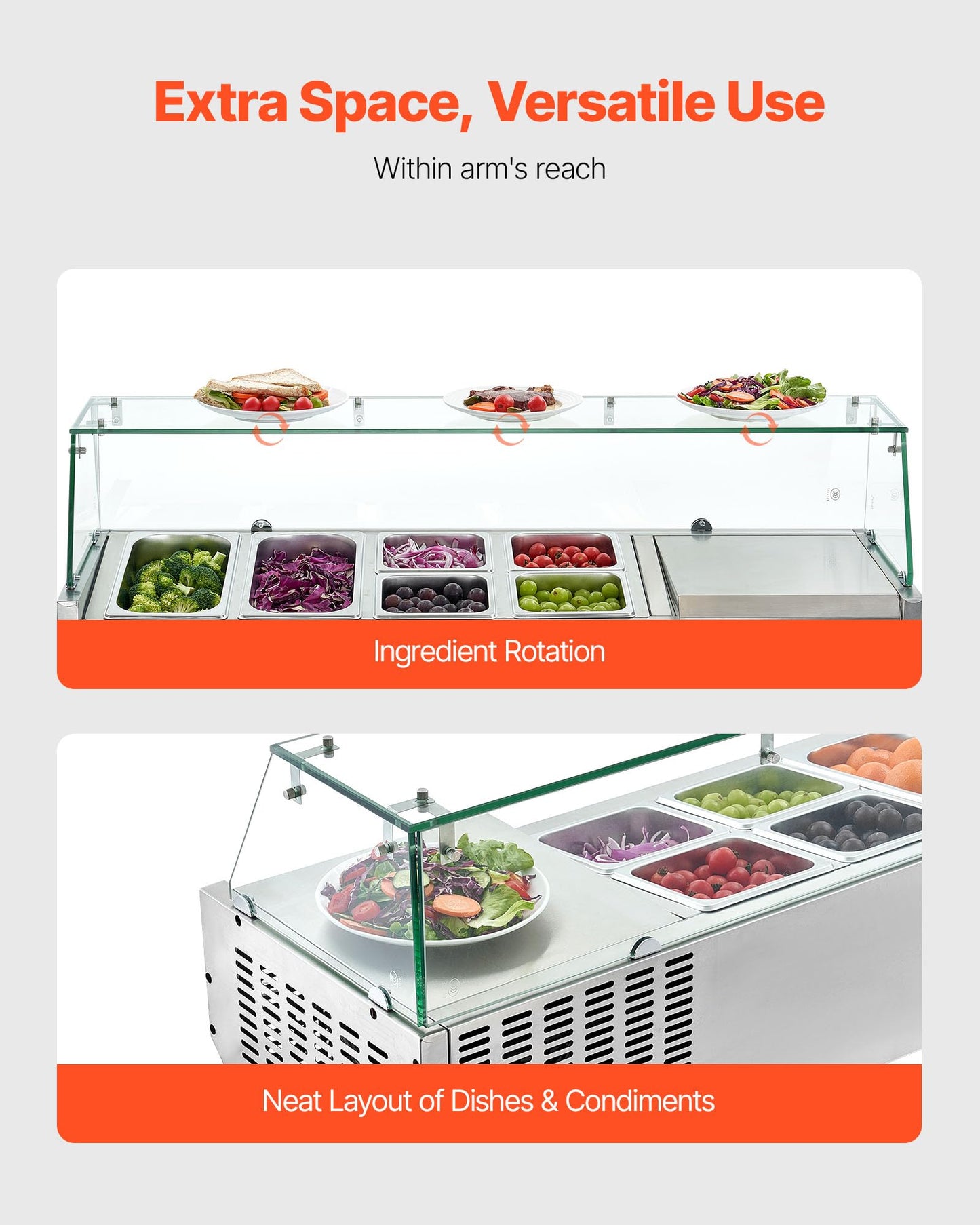 VEVOR Refrigerated Condiment Prep Station, 130 W Countertop Refrigerated Condiment Station, with Two 1/3 Pans & Four 1/6 Pans, 304 Stainless Body and PC Lid, Sandwich Prep Table with Glass Guard