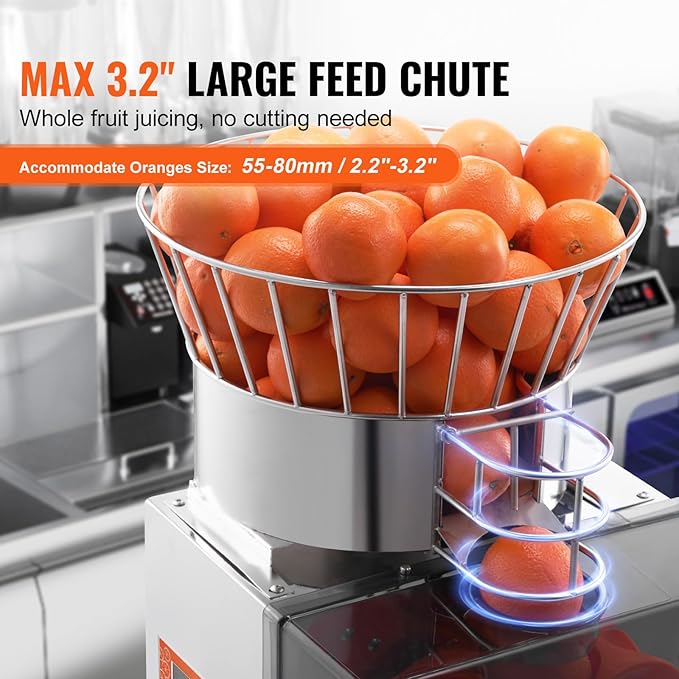 VEVOR Commercial Orange Juicer, 120W Automatic Feeding Juice Extractor with Water Tap, Stainless Steel Juicer Machine 25 Oranges/Minute, with Pull-Out Filter Box, PC Cover, 3 Peel Collecting Buckets