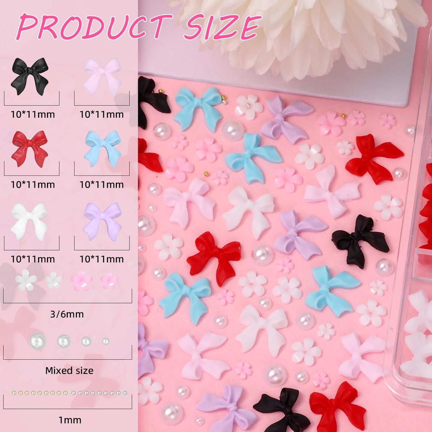 3D Bow Nail Charms and Rhinestones, Color Acrylic 3D Nail Bows Cherry Nail Charms, Bows Blossom Flowers Nail Charms and Gems for