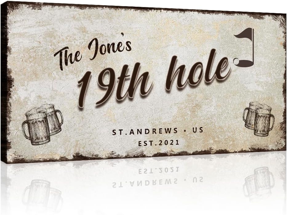 TAILORED CANVASES Golf Art Decor - Personalized Vintage Golf Wall Art Sign for Man Cave, Bedroom, Basement, Home Bar and Custom Gift for Husband, Dad, Wedding & Anniversary - 19th Hole Sign, 60"x30"