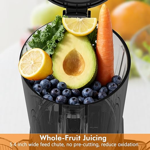 Cold Press Juicer,With 5.4" Extra Large Feed Chute Fit Whole Fruits & Vegetables,High Juice Yield,Easily Detachable Parts Design,Easy Assemble & Cleaning