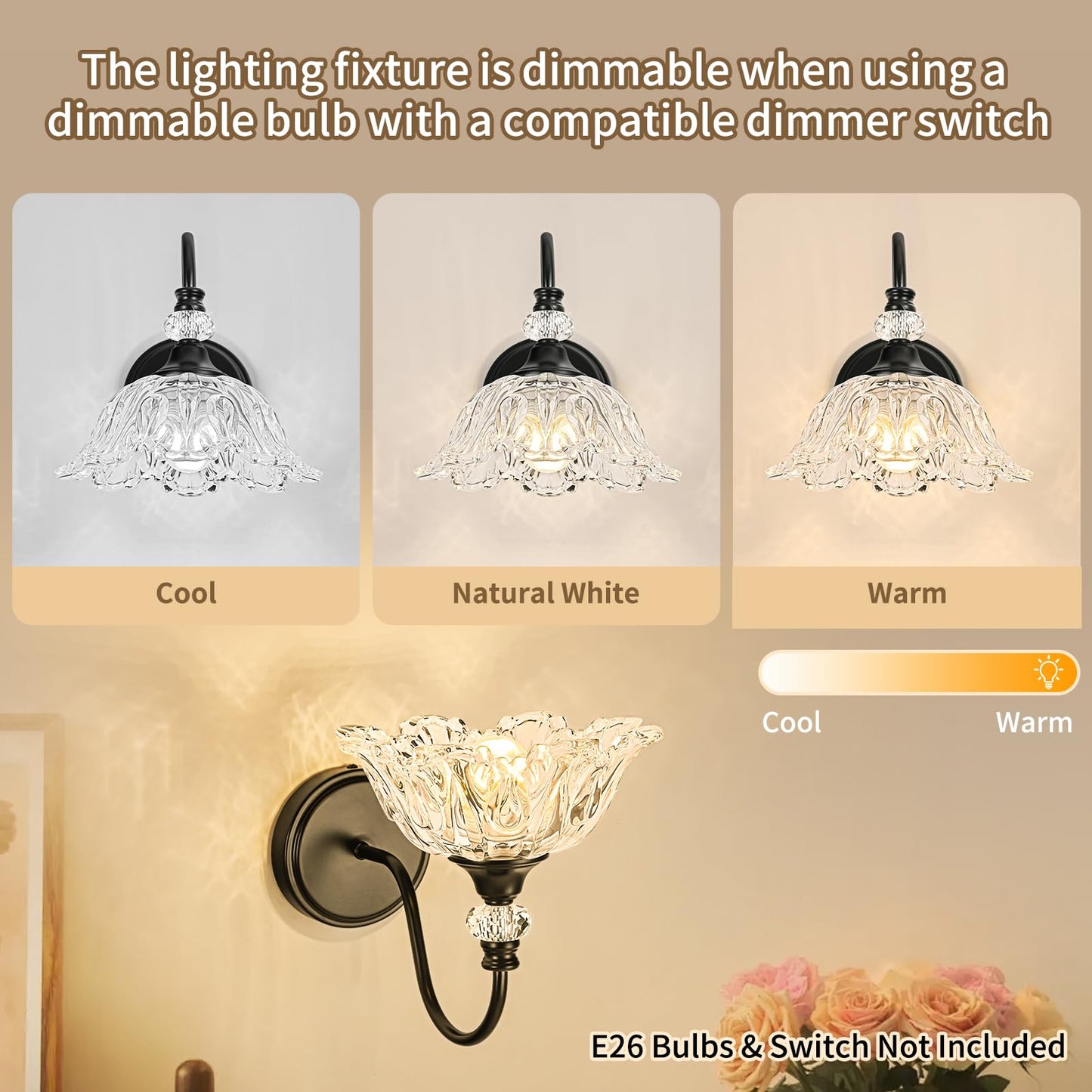 Sunkryster 1 Piece Black Wall Sconce With Floral Clear Glass Shade  Black Farmhouse Wall Mount Lighting For Bathroom Vintage Bathroom Vanity Light Fixture