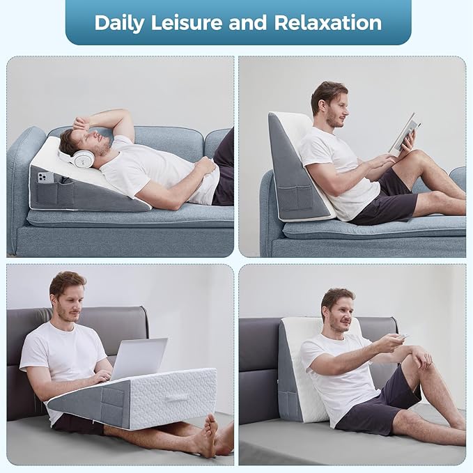 Bed Wedge Pillow for Sleeping, 10" Memory Foam Triangle Wedge Pillow Post Surgery Body Positioners Pillow for Back, Legs and Knee Support, Acid Reflux, Gerd, Heartburn and Snoring