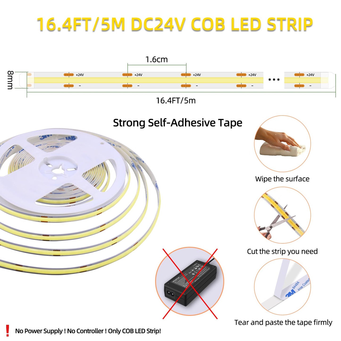 Led Strip Lights 24V Daylight White Led Cob 6000K Super Bright Led16.4Ft Dotless High Density Cuttable Flexible For Home Diy Commercial Lighting Projects 3 Pack (Power Supply & Dimmer Not Included)