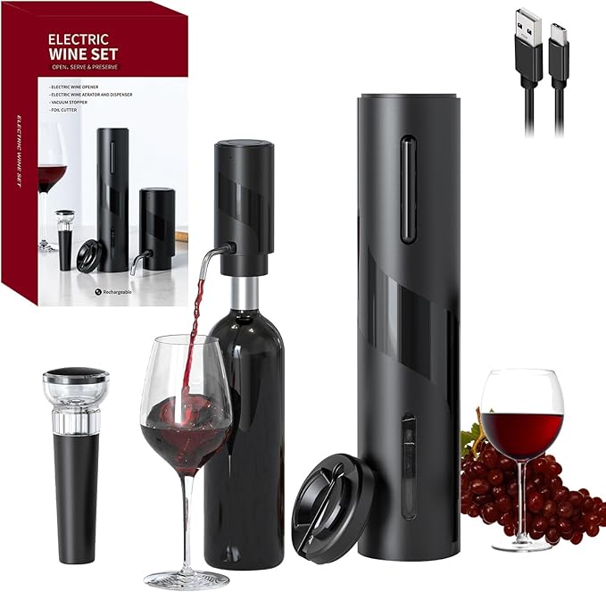 COKUNST Electric Wine Opener SetUSB Rechargeable Bottle Opener and Wine Decanter&Wine Aerator and PourerWine StopperFoil Cutter 4-in-1 Gift Set for Wine Lovers Home Kitchen Party Wedding Bar SGS-KD-7