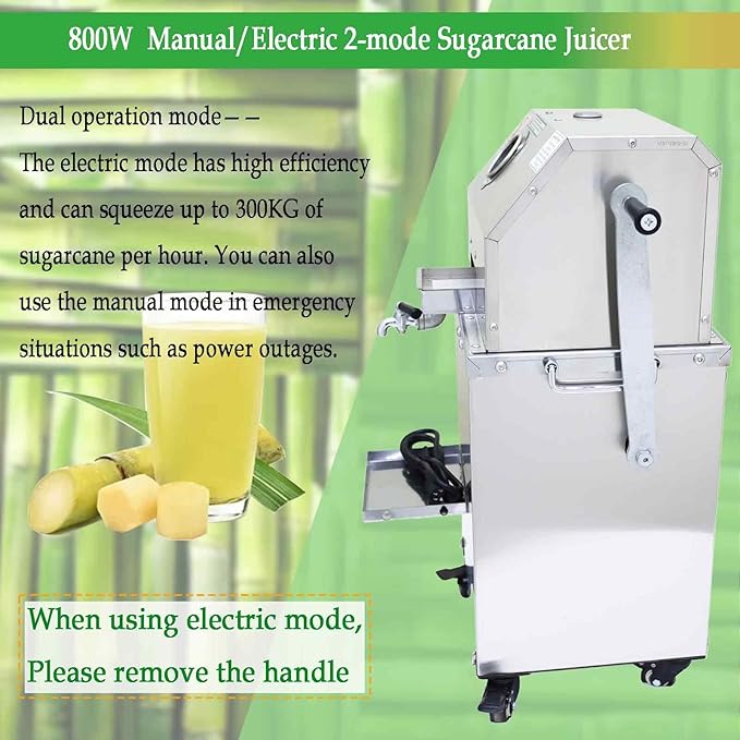 110V Manual/electric 2-mode Sugarcane Juice with 3 Rollers, High Juice Yield, 300KG/H Sugarcane Crushing Capacity, 800W Suger Cane Squeezing Juicer, Stainless Steel