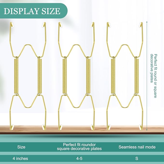 Hotop 12 Pieces Plate Hangers for Wall 4-5 Inch Stainless Steel Wire Invisible Plate Hangers Heavy Duty Display Holders with 12 Pieces Hooks for Wall Decorative(Gold)