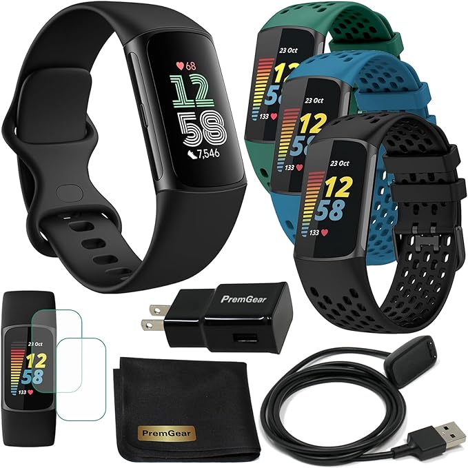 Fitbit Charge 6 Fitness Tracker Watch with Google apps (Black) Bundle with PremGear 3 Silicone Comfortable Watch Bands, 3f...