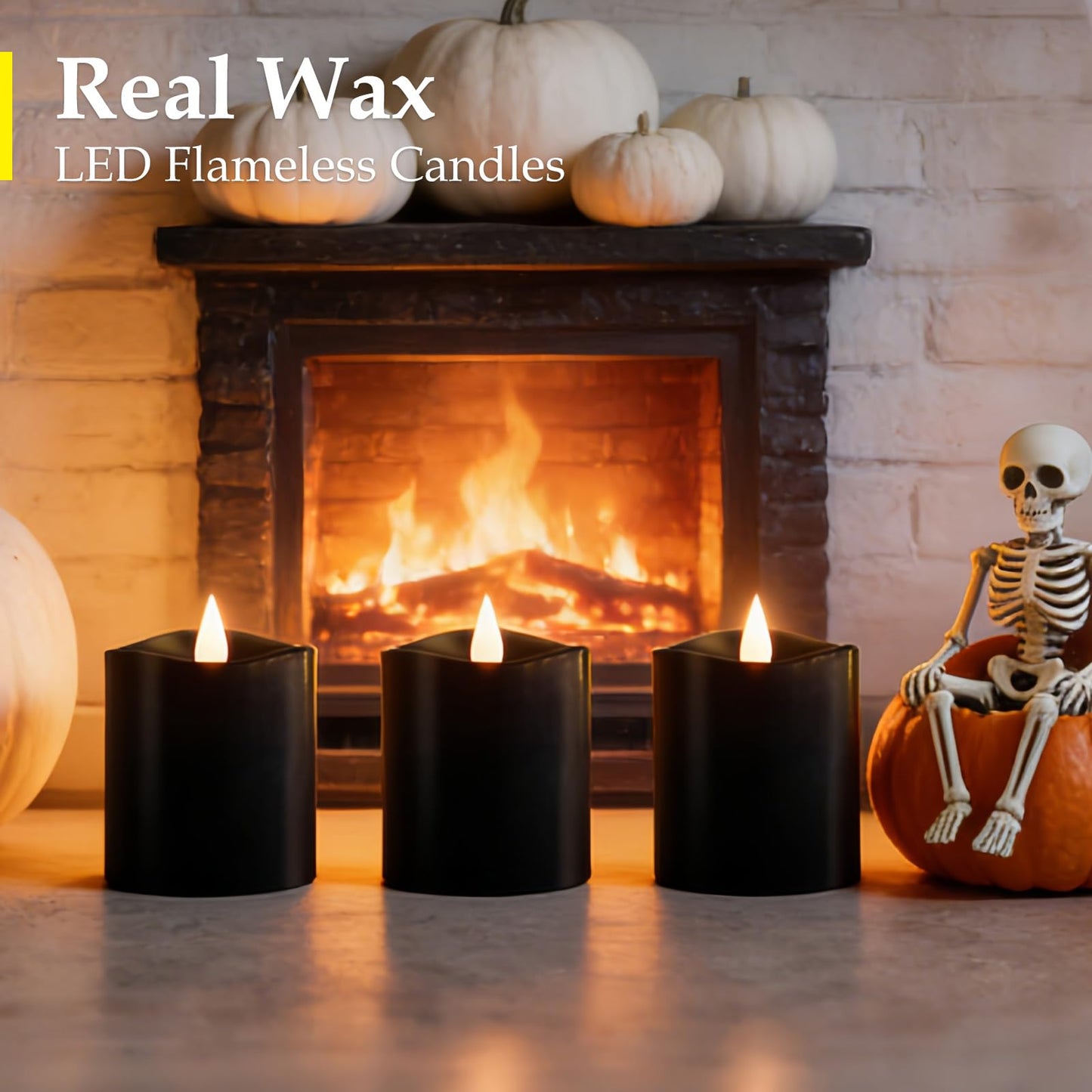 Woocodowe 3inch Black Pillar Flameless Candles - 3D Flickering, Remote Timer, Battery Operated, 600+ Hours, Halloween & Gothic Themed Decor (Black, 3"*3"-3pcs)