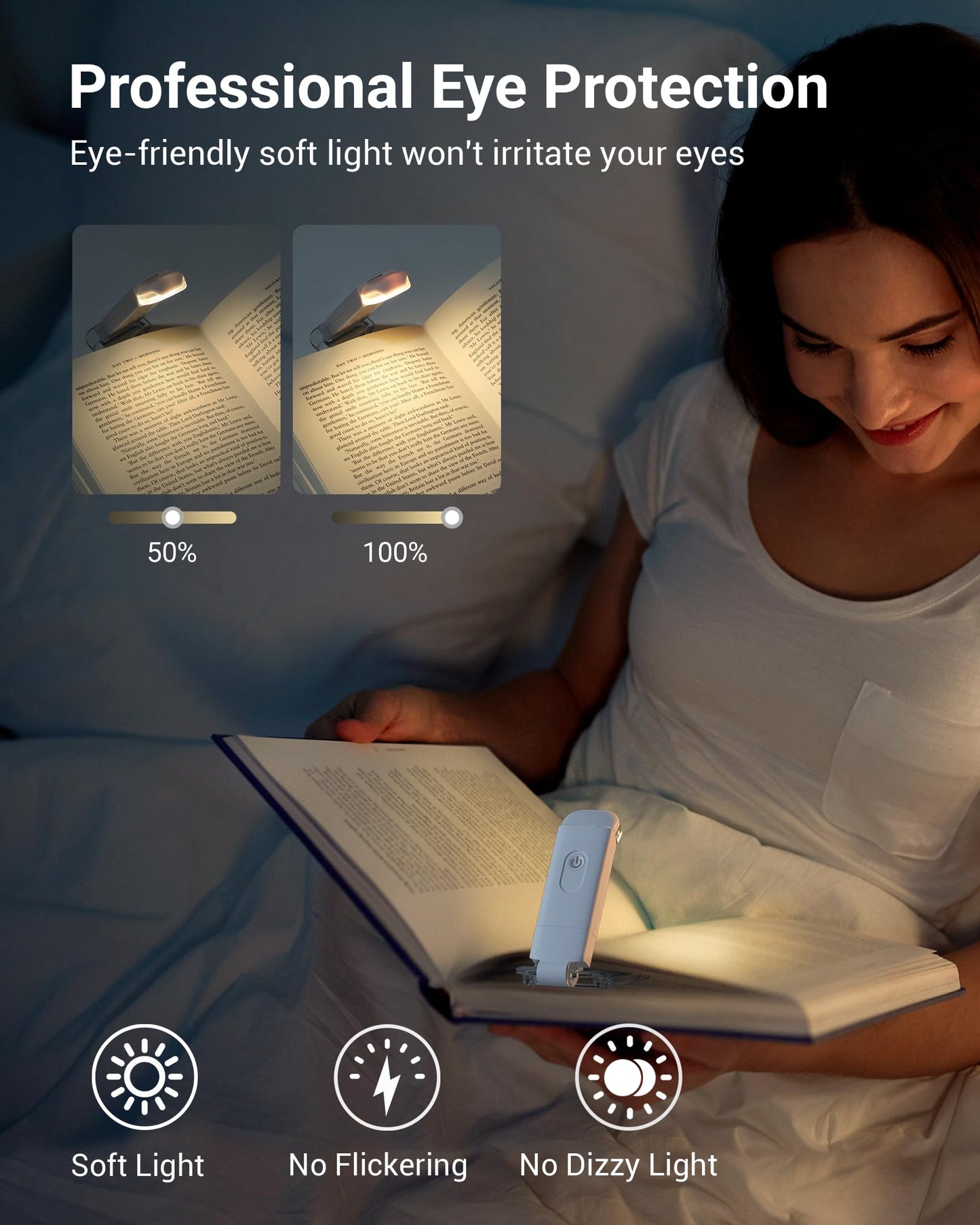 DEWENWILS USB Rechargeable Book Reading Light, Adjustable Brightness, 3000K Warm White, Portable Clip-on LED Bookmark Lamp, White