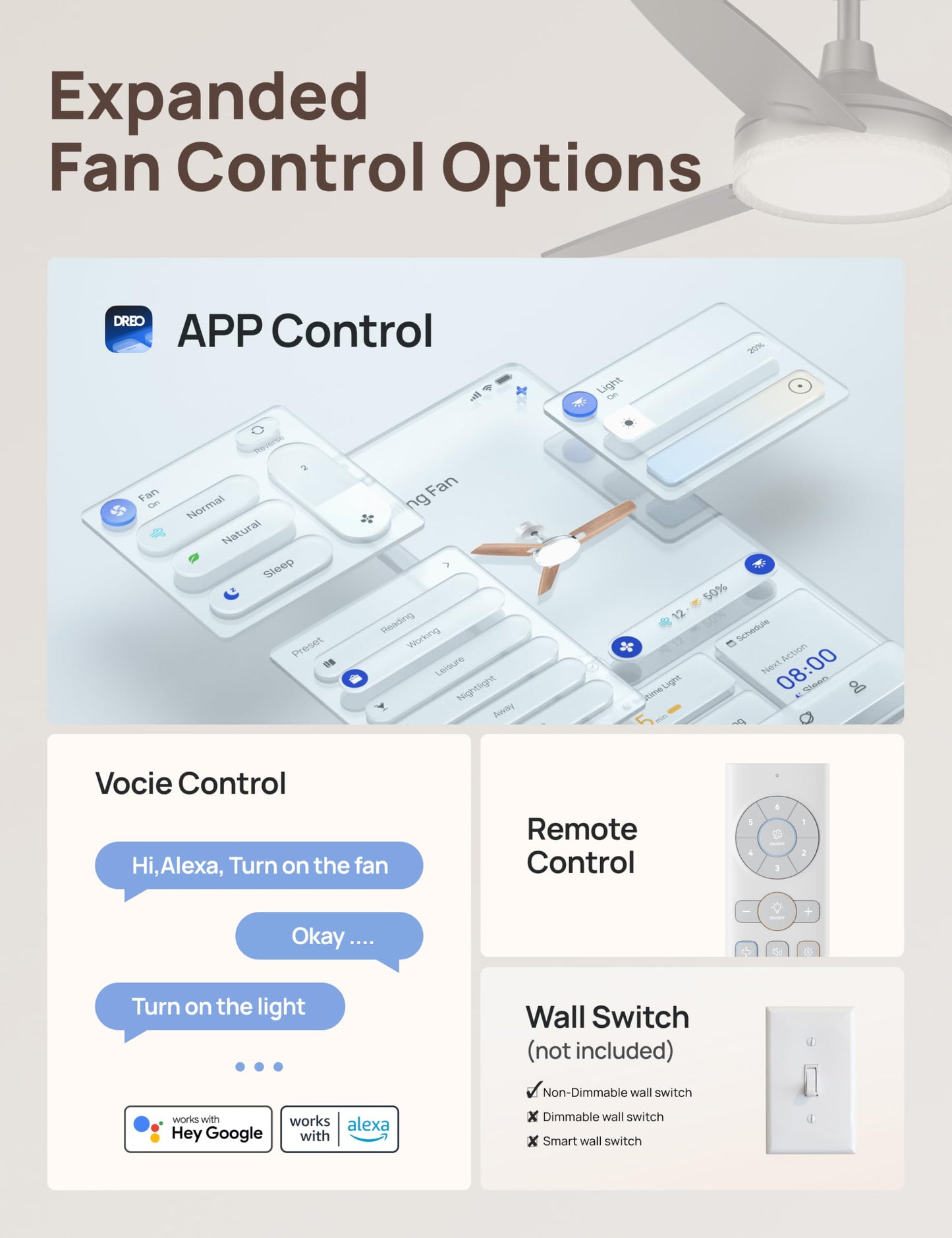 Dreo Smart Ceiling Fans With Lights, 42 Inch Grey Ceiling Fan, 12 Speeds & 3 Fan Modes, Stepless Color Tones, Dimmable Led Light