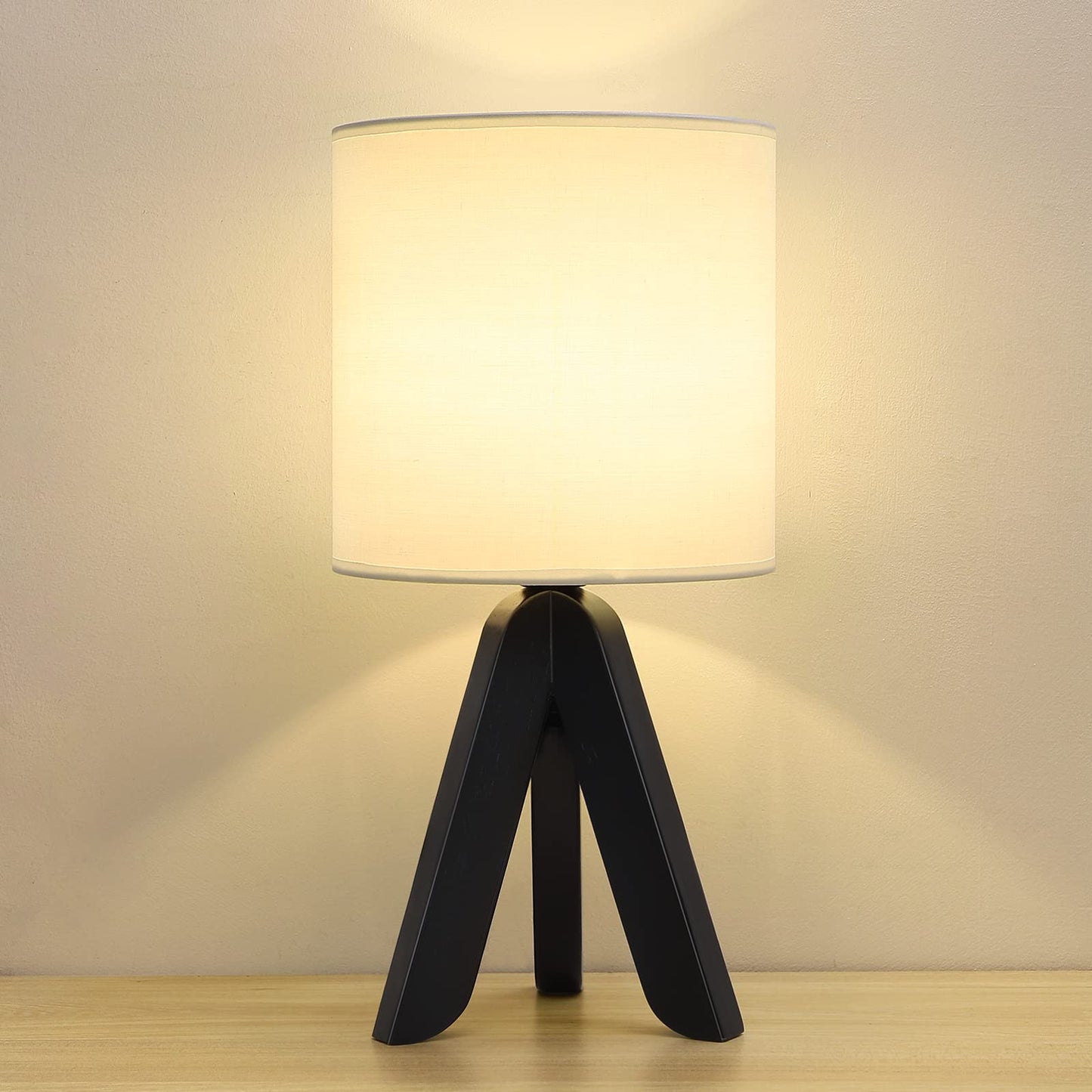 HAITRAL Wooden Tripod Table Lamp, Black Base, Linen Shade, Small Nightstand Lamp for Bedroom, Kids Room, Nursery