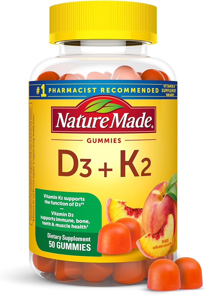Nature Made Vitamin D3 K2 Gummies, Vitamin D3 5000 IU per serving, Bone, Teeth, Muscle, Immune Health Support, 50 Vitamin D + K2 Gummy Vitamins, 25 Day Supply