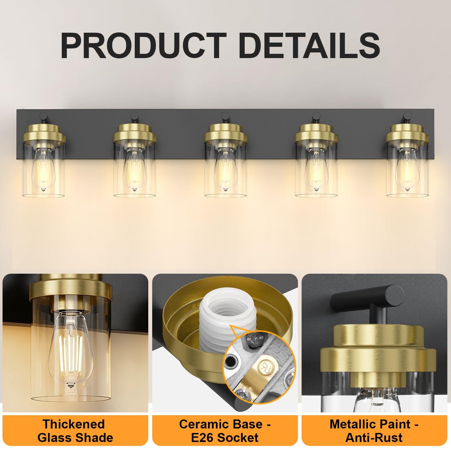 Izorro Bathroom Vanity Light Fixture  5-Light 36 Inch Black And Gold Bathroom Light Fixtures Over Mirror  With Clear Glass Shade  Modern Farmhouse Vanity Lights  Rustic Restroom Lighting Fixtures
