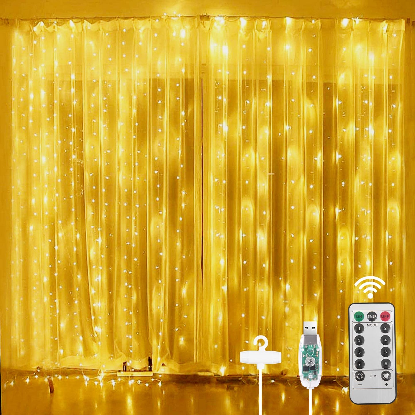 Vicloon Fairy Curtain Lights, 300 LED Warm White, 9.8×9.8Ft, Waterproof, USB Powered, Remote Control, Model 9V98