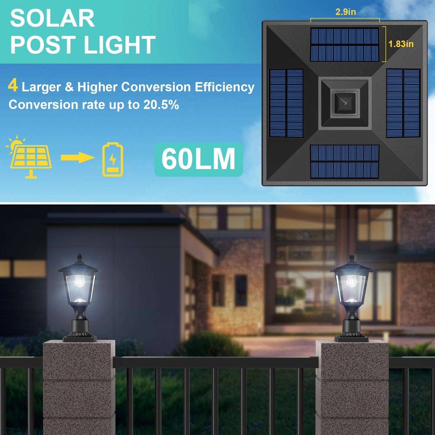 Greluna Solar Post Lights, 6000K Dusk to Dawn Outdoor Waterproof Lamp, Cool White, Model PL007