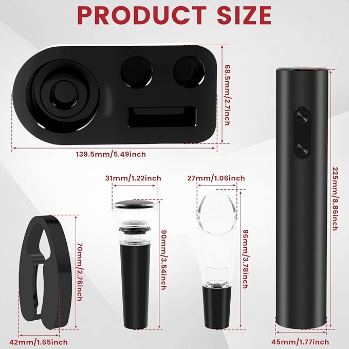 4Pcs Electric Wine Opener Set ABS Automatic Wine Opener Set with Stand Foil Cutter Wine Pourer Vacuum Stopper Practical Electric Wine Opener Rechargeable for Home Party Bar Outdoor Wine Gift