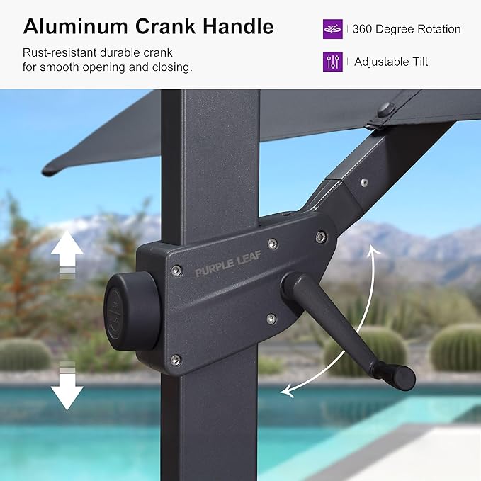 PURPLE LEAF 9' × 9' Patio Cantilever Umbrella with Base Outdoor Square Adjustable Offset Umbrellas with 360-degree Rotation and 8 Heavy Duty Metal Ribs for Garden Deck Pool Grey