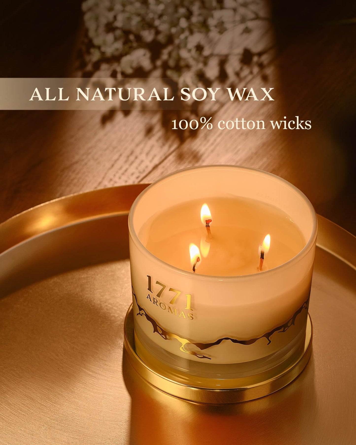 1771 Aromas Vanilla Scented Candles - 100% Natural Soy Wax - Large 3 Wick Jar Candle - Up to 50 Hours Burning Time - Candles for Home - Gift-Ready Candle for Men & Women - Aromatherapy Candles